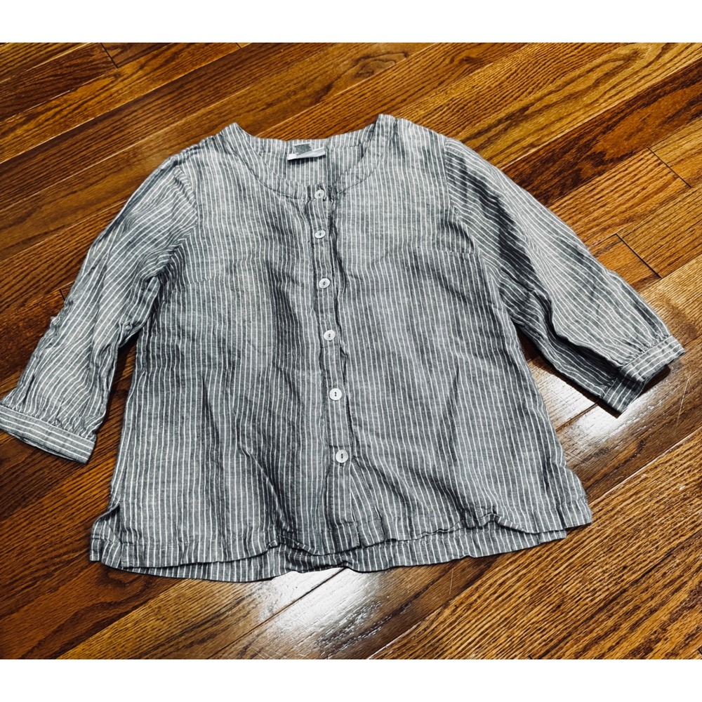 Serengeti Womens Grey White Striped Linen Cotton Blouse Button Down Top Size M